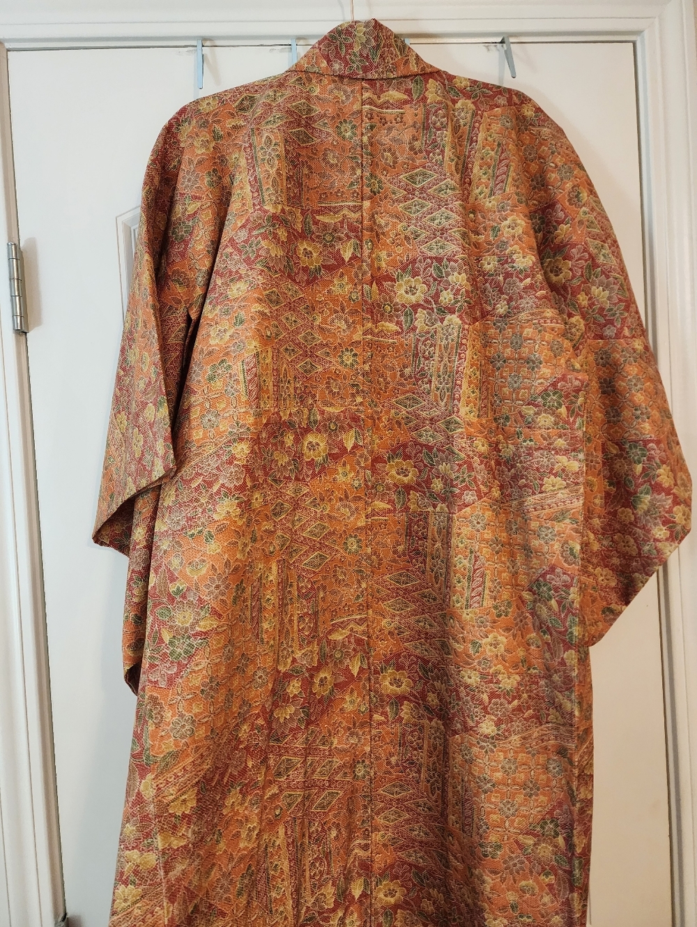 Japanese Kimono Floral Rust Gold Wrap Robe Jacket Fits Up To 1X Asian Unlined - Picture 6 of 8